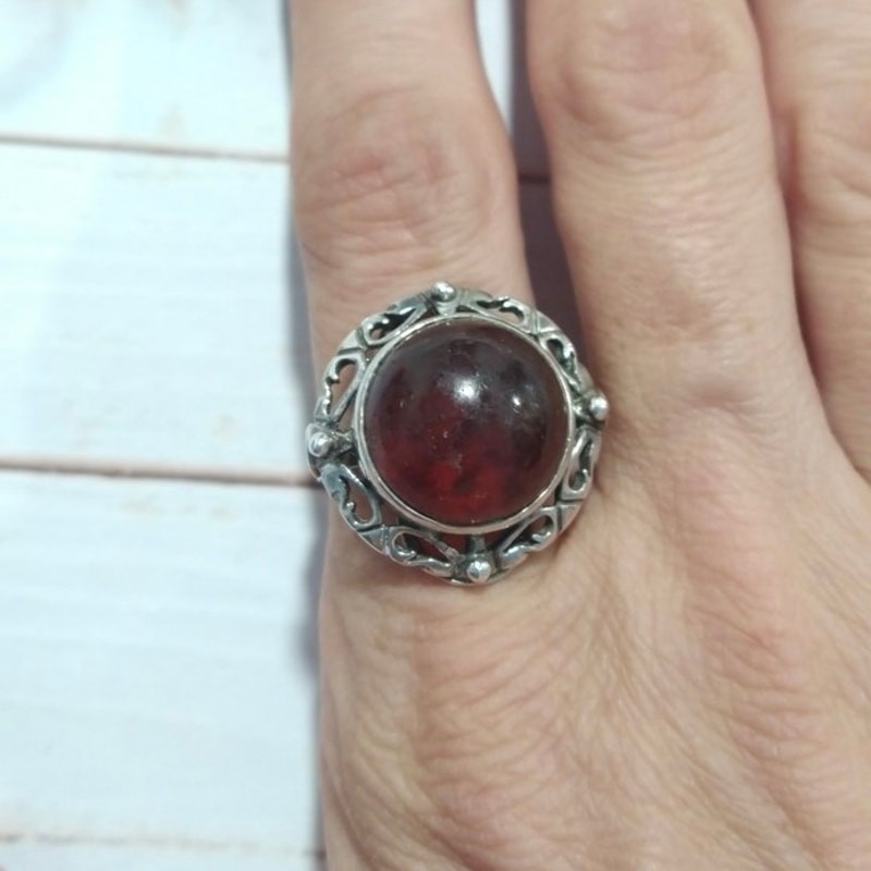 Cabochon Round Natural Red Amber Women's Ring Antique Silver Warsaw Poland 6.75